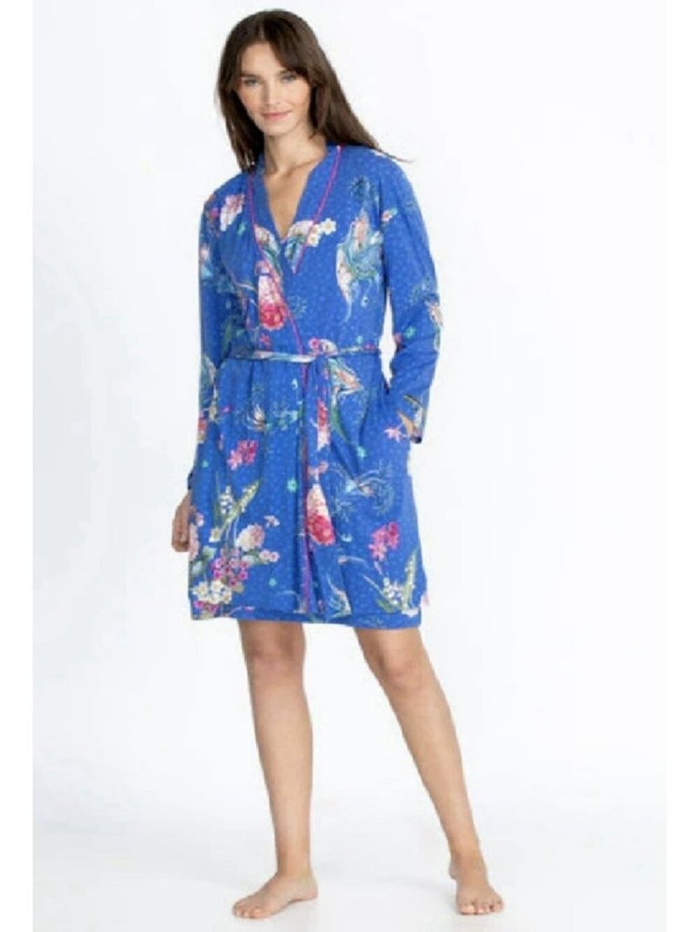 Johnny Was Revive Blue Floral Long Sleeve Sleep Wear Robe Home Lounge L / XL